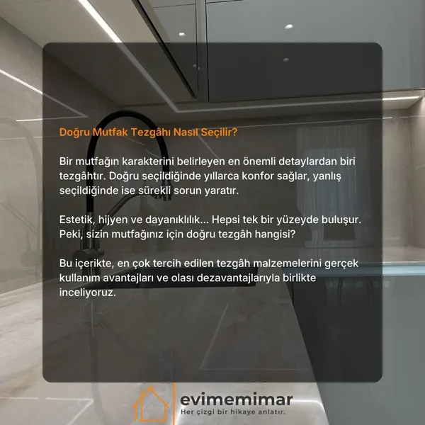 Bir mutfağın en çok kullanılan yüzeyi olan tezgâh, yalnızca görünüm değil konfor, hijyen ve uzun… | Evime Mimar Instagram