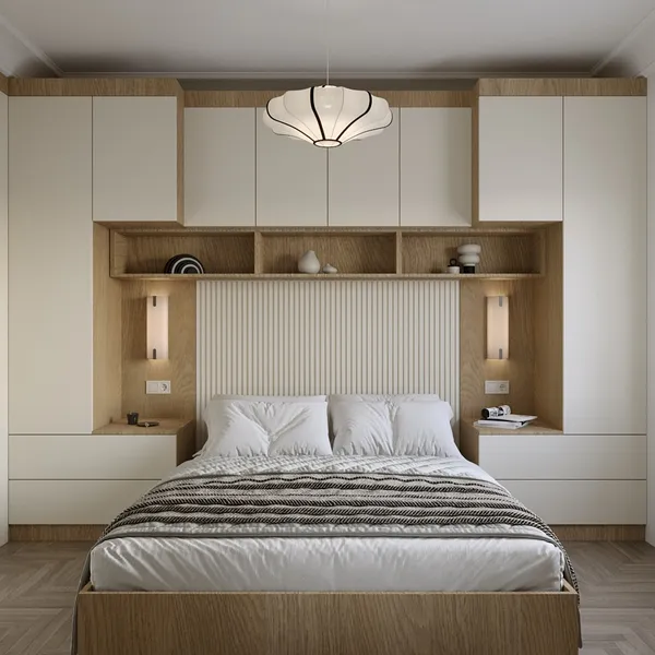 Budva ahşap ve Mozambik rengi modern yatak odası tasarımı - dikey başlık detayı ve gizli depolama alanları